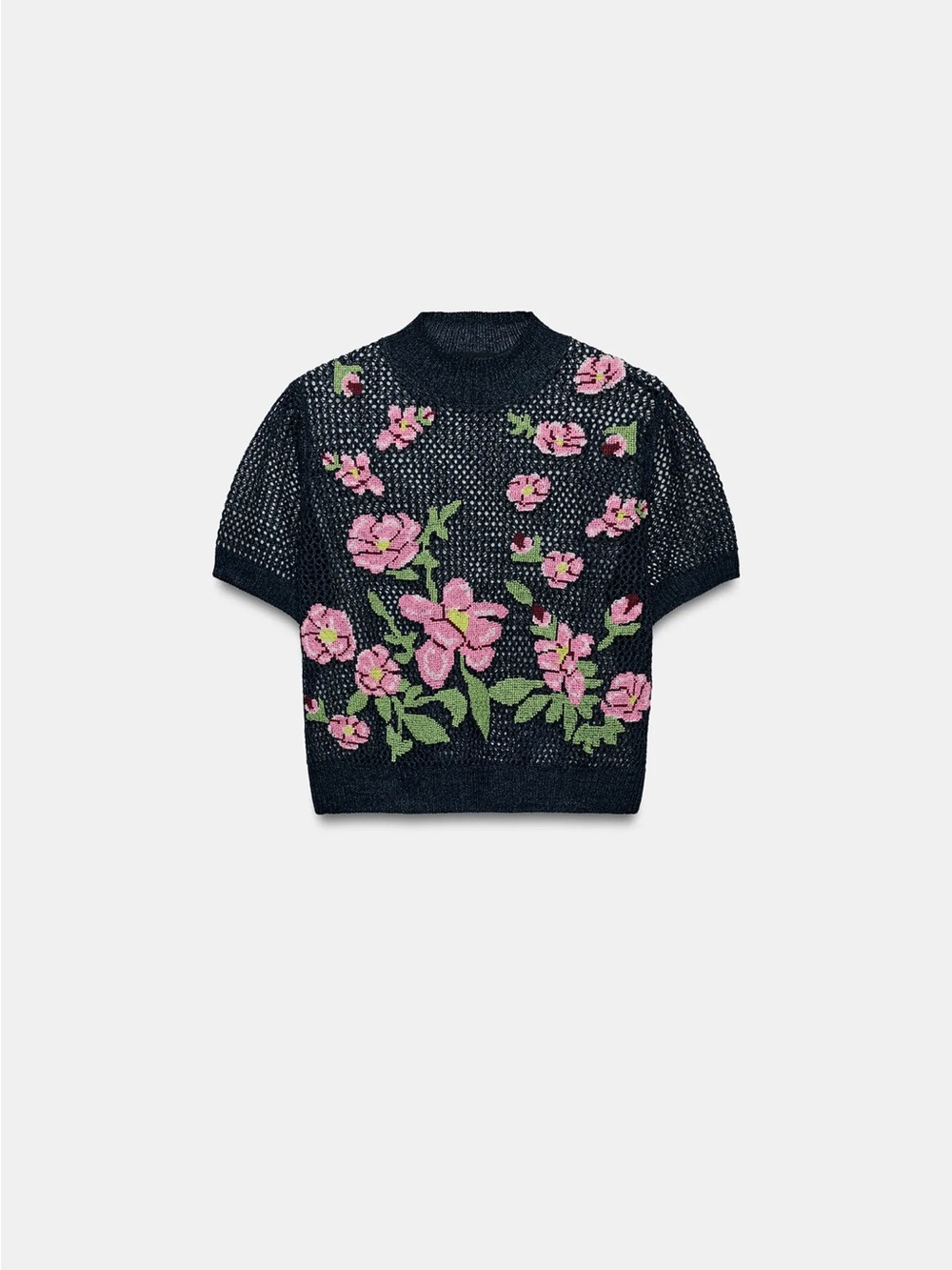 Zara Knit Short-Sleeve Sweater with Pink Floral Embroidery